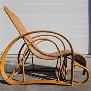 XXL Mid Century Modern pair of bamboo and rattan sun loungers