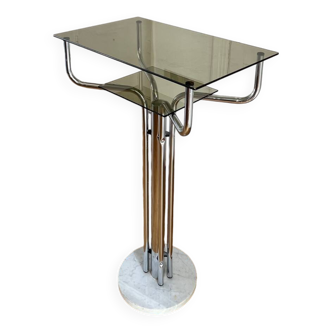 Console, pedestal table in metal, marble and smoked glass, 1980