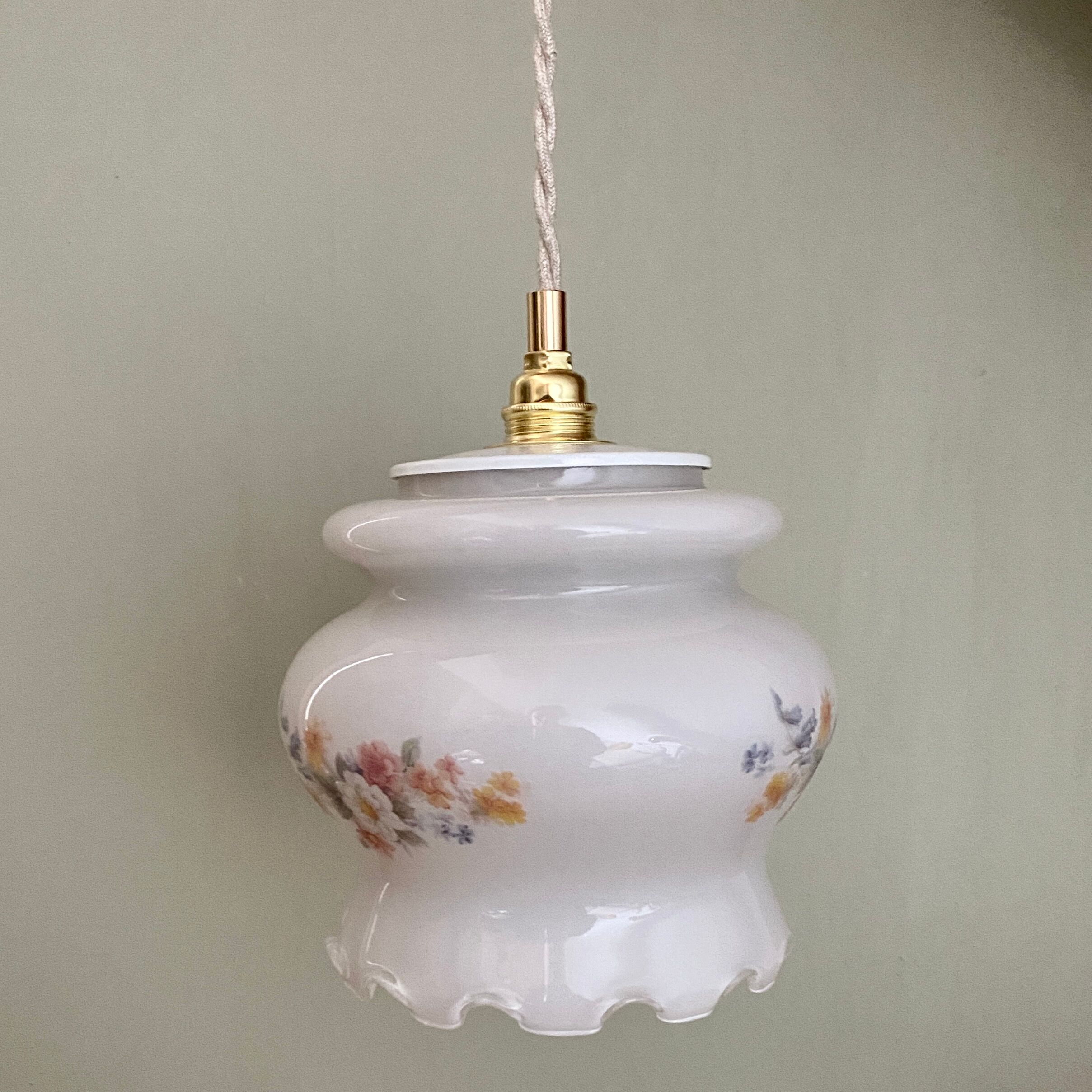 Vintage white opaline globe walker with flower designs