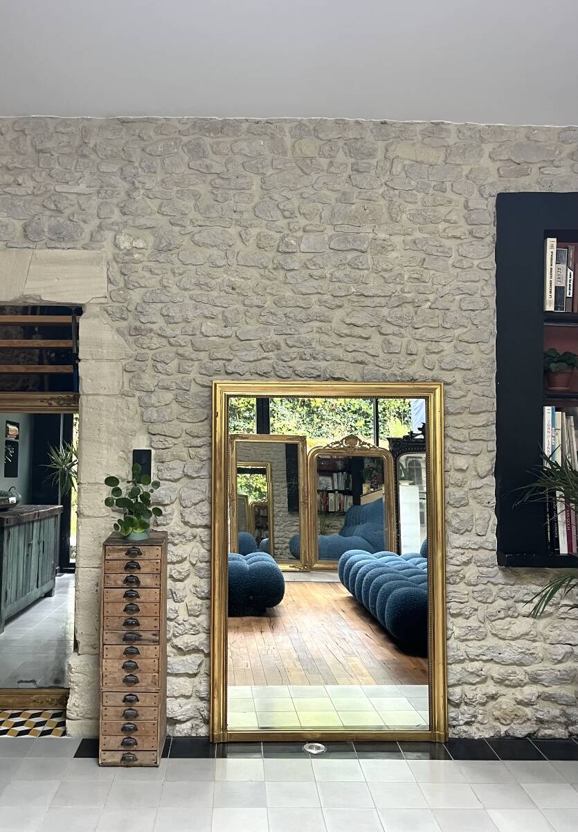 Pearled fireplace mirror 162.5/107.5cm gilded with gold leaf, fireplace trumeau, mirror.