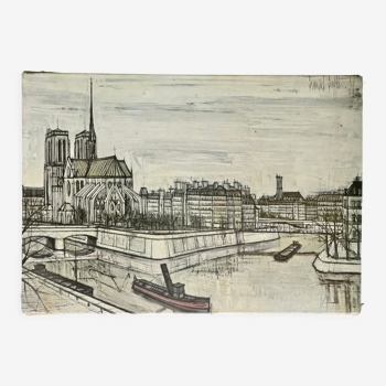 Lithographie de Bernard Buffet, l'ile de la cité et Notre Dame, Paris, années 50
