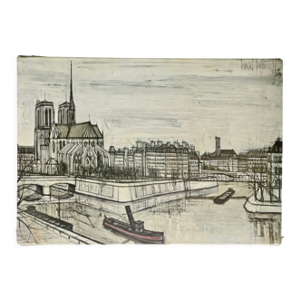 Lithographie de Bernard Buffet, l'ile de la cité et Notre Dame, Paris, années 50