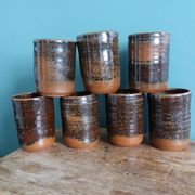 Handcrafted stoneware glass cups, signed, Fontgombault Abbey