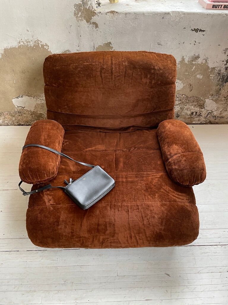 Pair 70s brown velvet armchairs