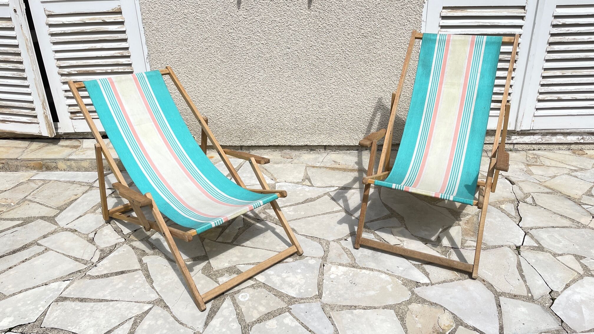 Transat pliant en bois et toile vintage