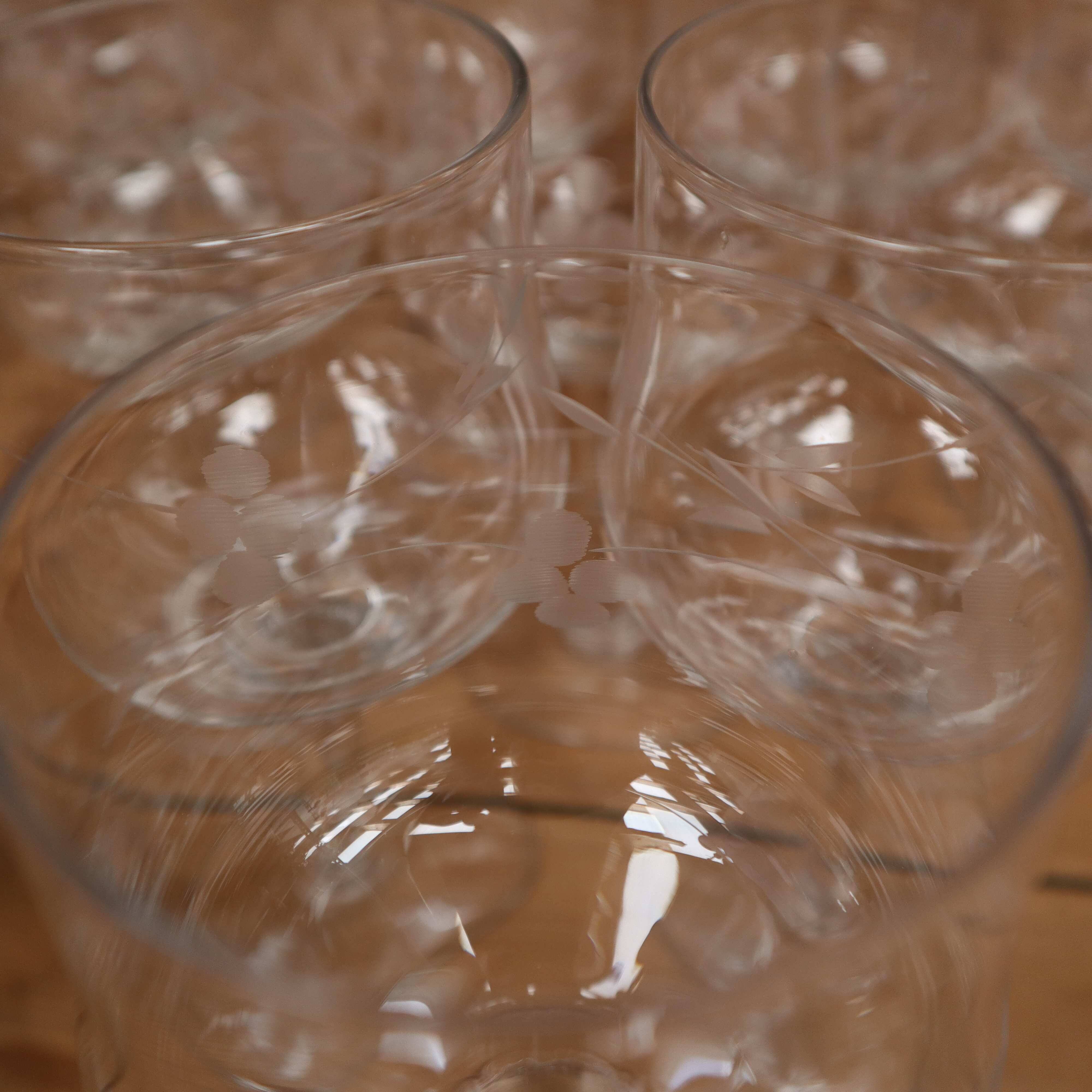 10 antique hand-blown wine glasses engraved with floral decoration