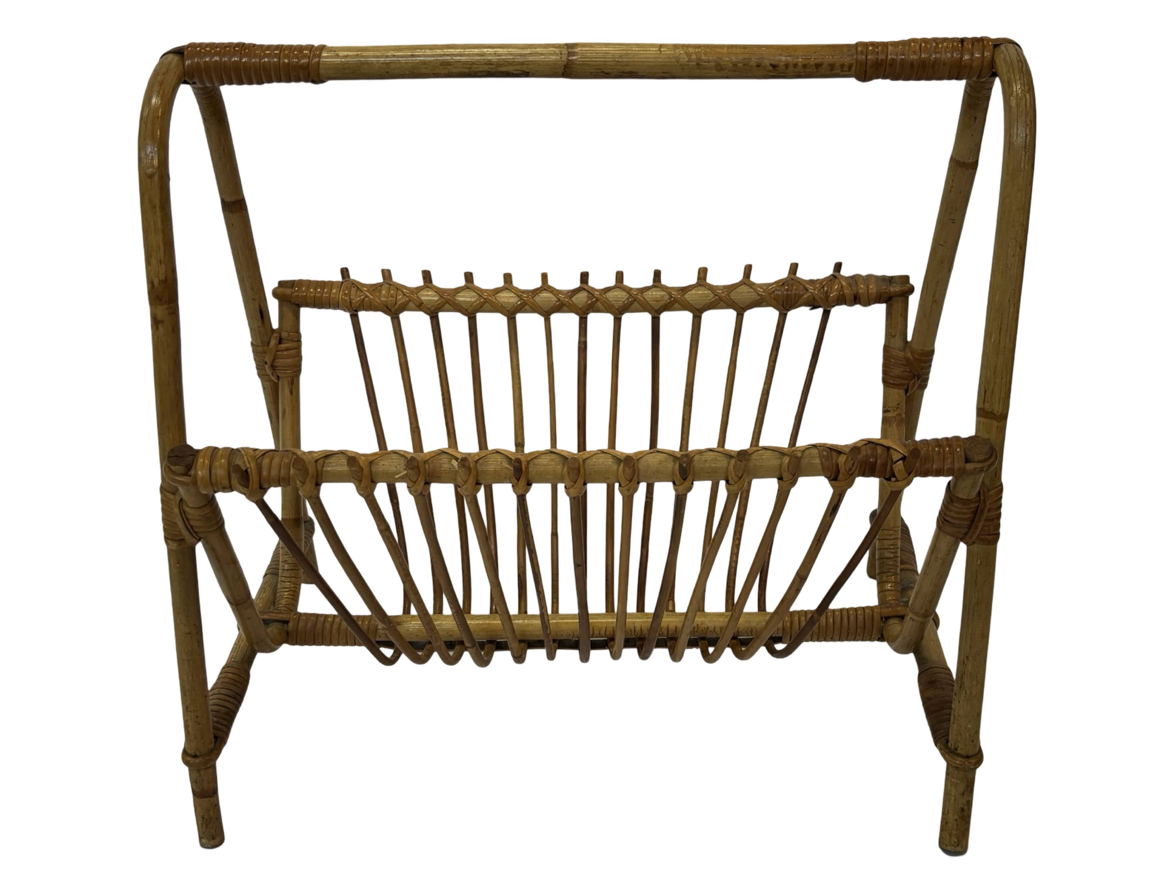 Vintage Rattan Magazine Basket Newspaper Rack 60s Rohe