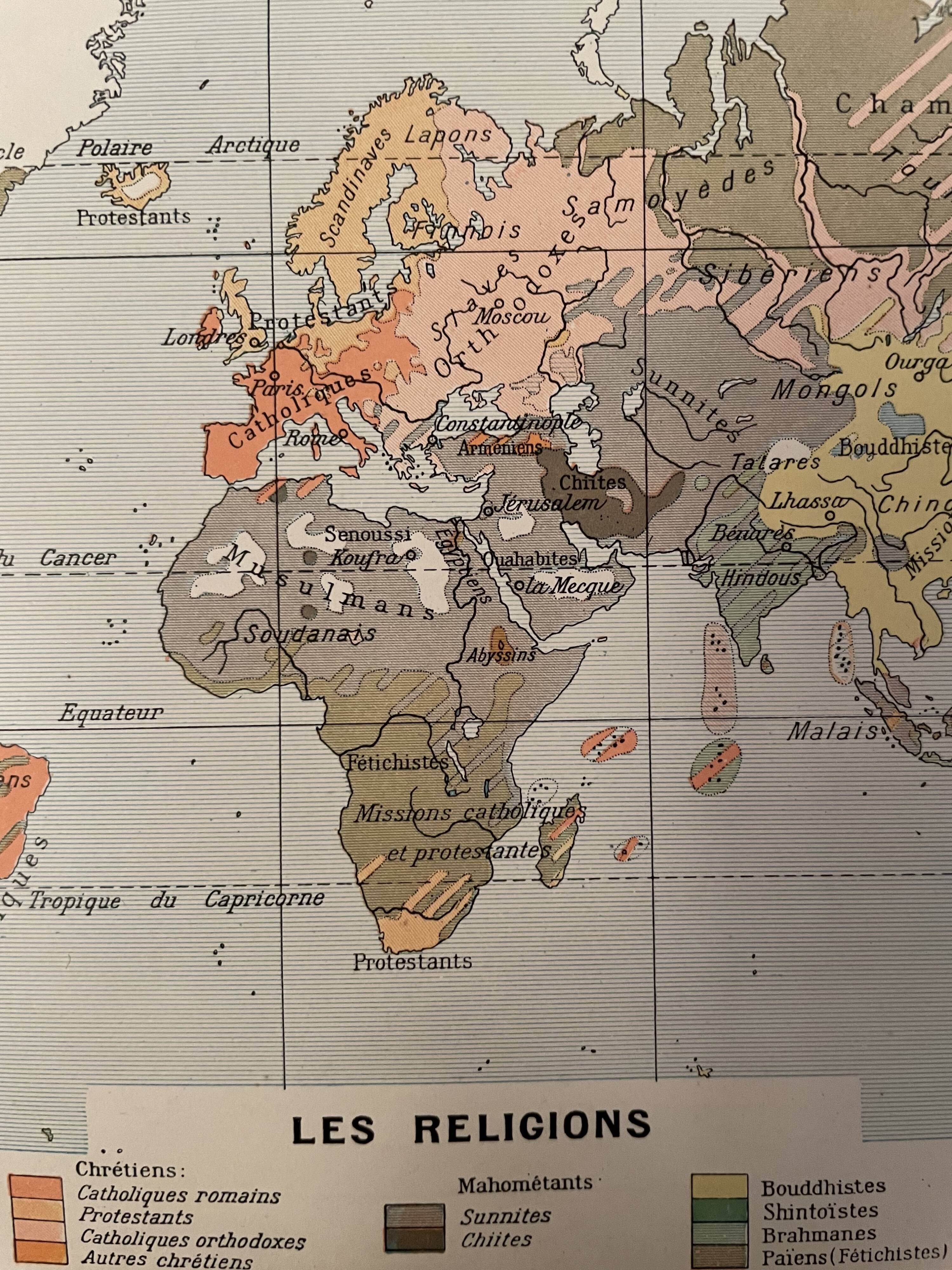 Lithography on Earth from 1897 - major communication routes, population density and religions