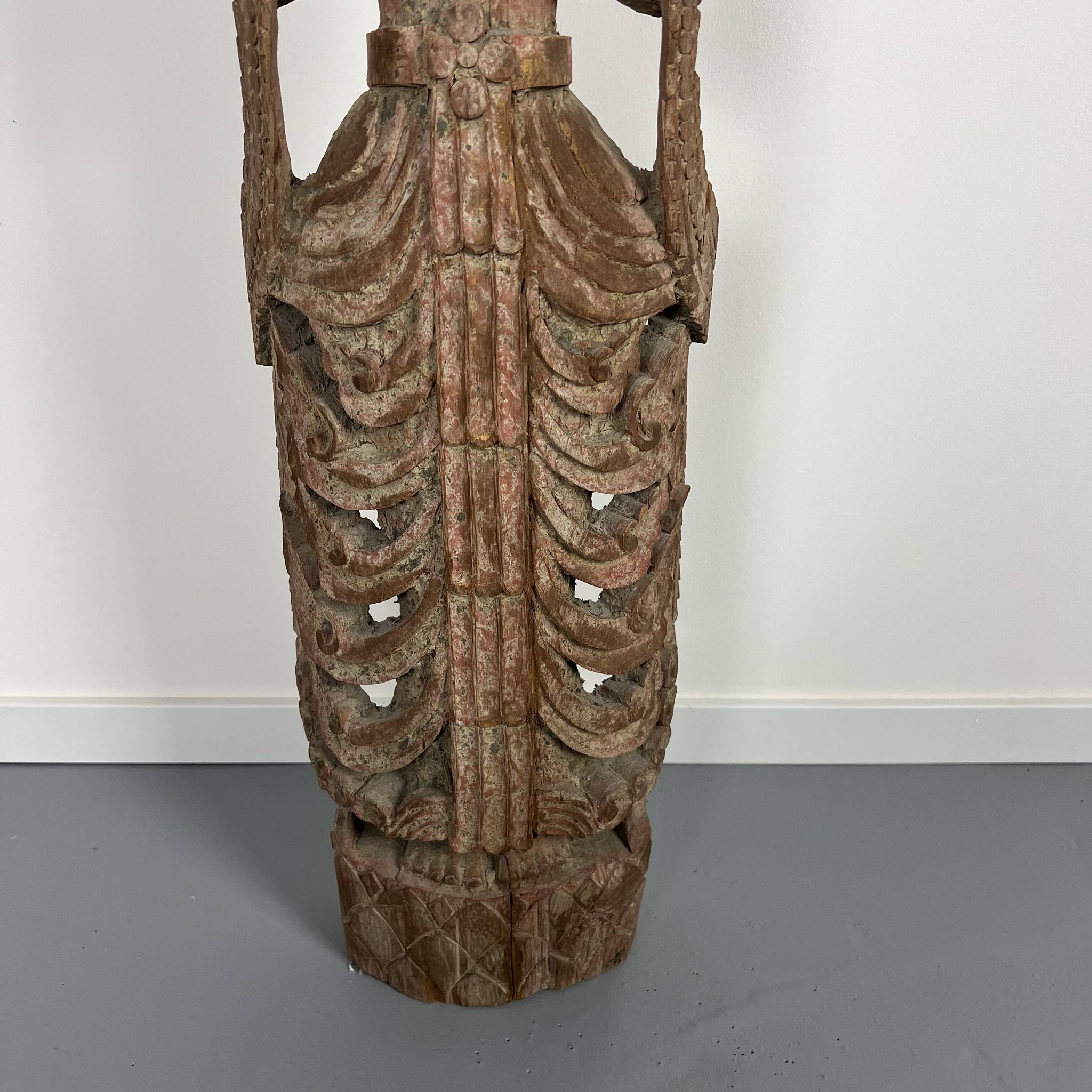Large carved wooden statuette of a kinaree worshipping a devi. Thailand