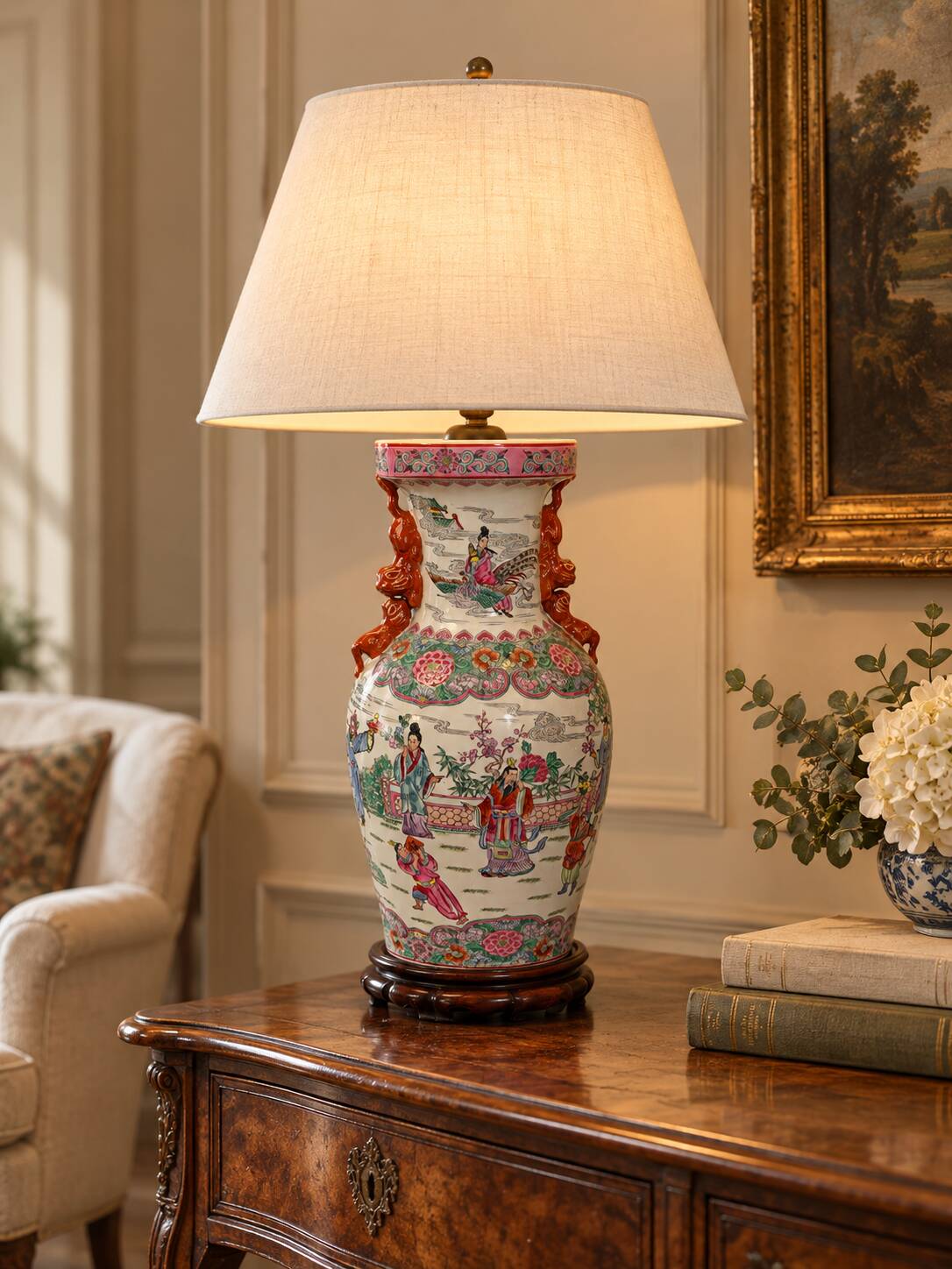 Large polychrome Chinese porcelain lamp on a wooden base – 63 cm