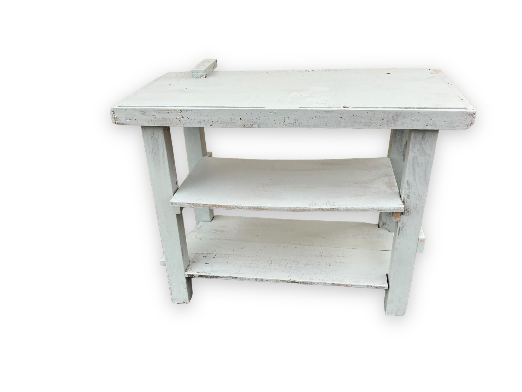 Light blue painted wooden workbench