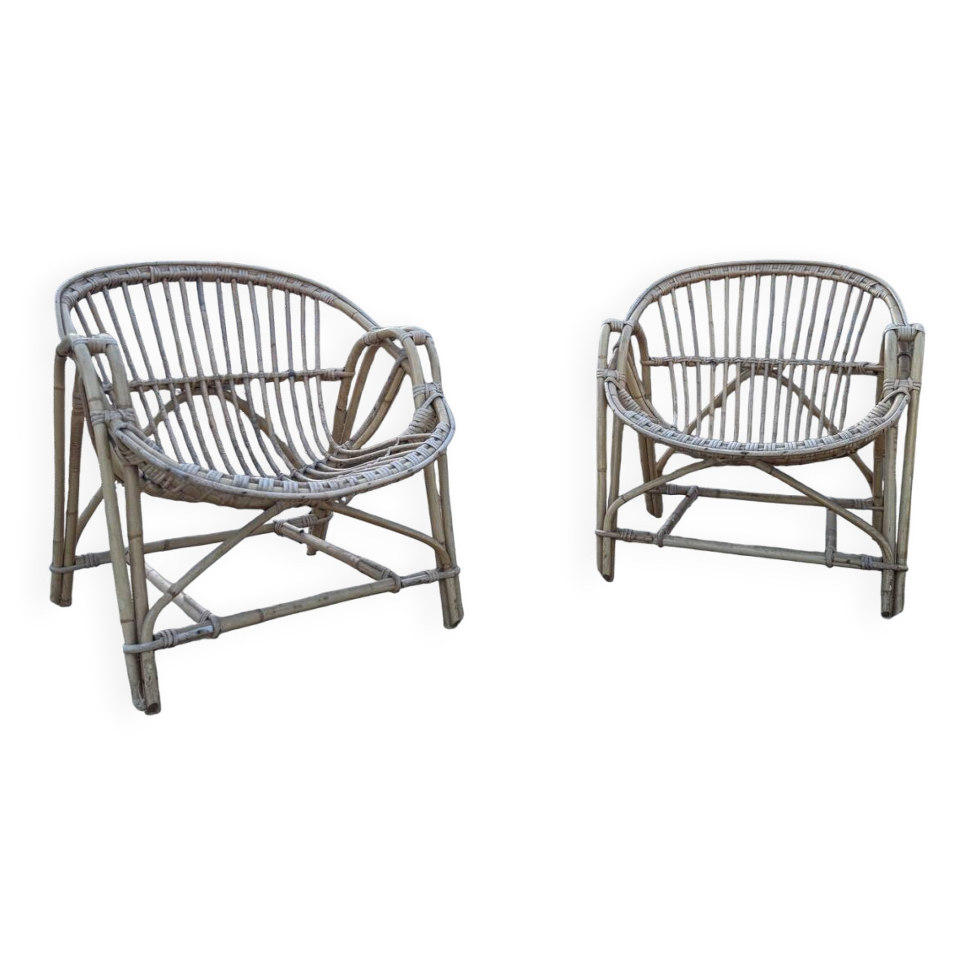 Pair of rattan armchairs, basket, vintage