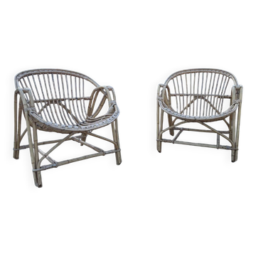 Paire de fauteuils rotin, corbeille, vintage