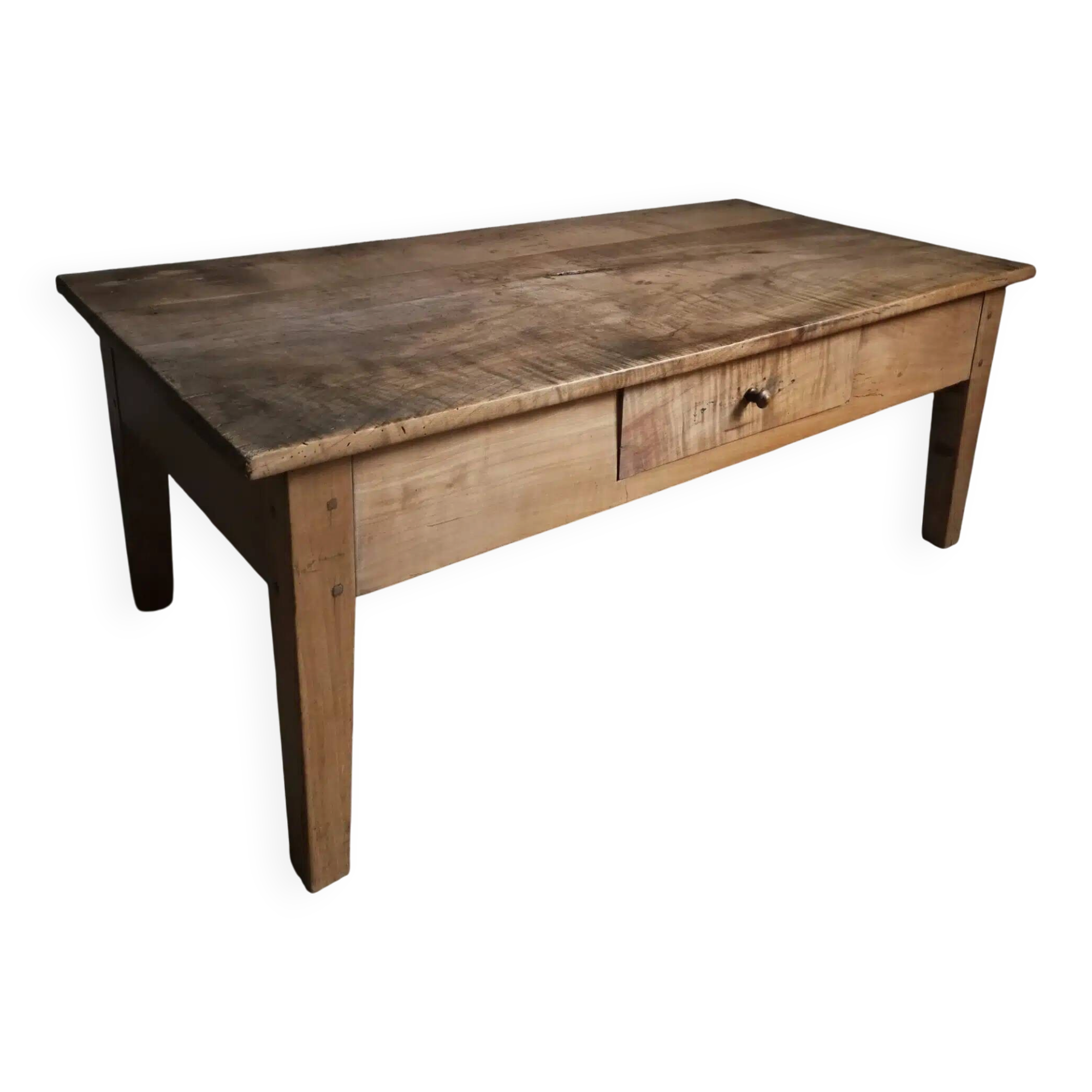Antique French coffee table, 18th-century cherry farmhouse table with a drawer.