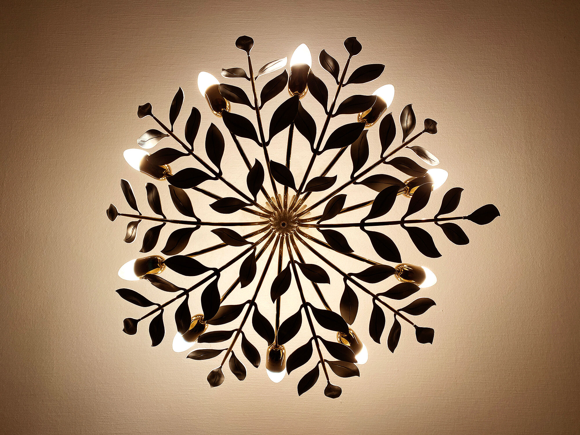 Large Pendant Lamp Vintage Pattern Bouquet Leaves, Brass, White Gold, 50s