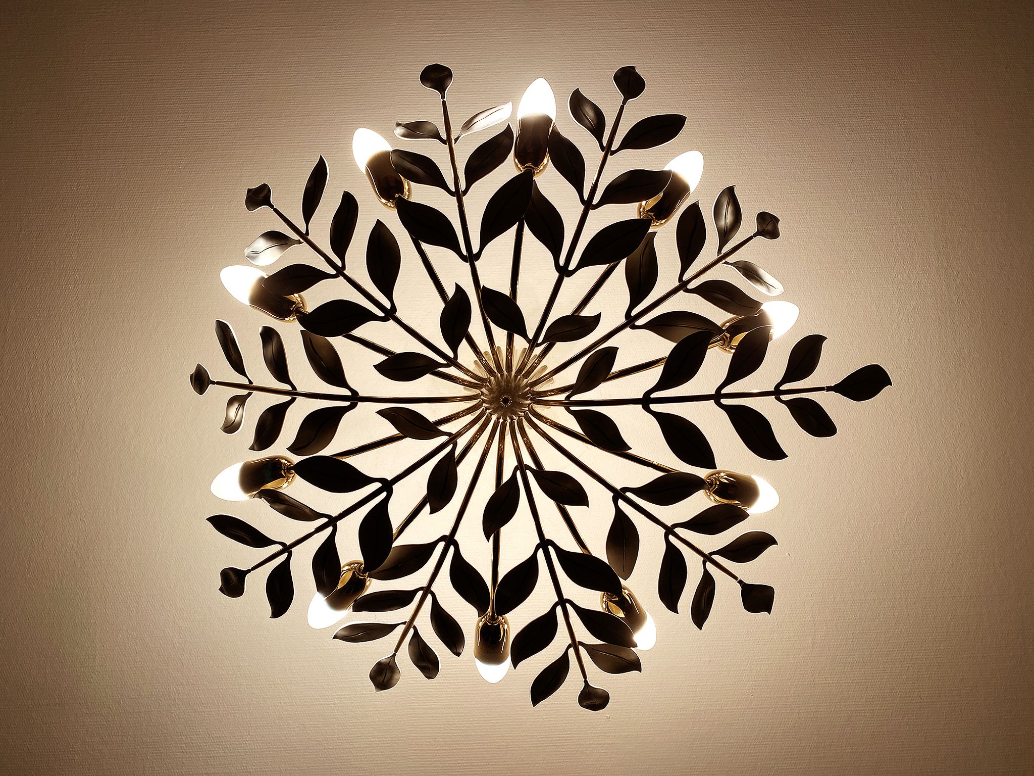 Large Pendant Lamp Vintage Pattern Bouquet Leaves, Brass, White Gold, 50s