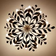 Large Pendant Lamp Vintage Pattern Bouquet Leaves, Brass, White Gold, 50s