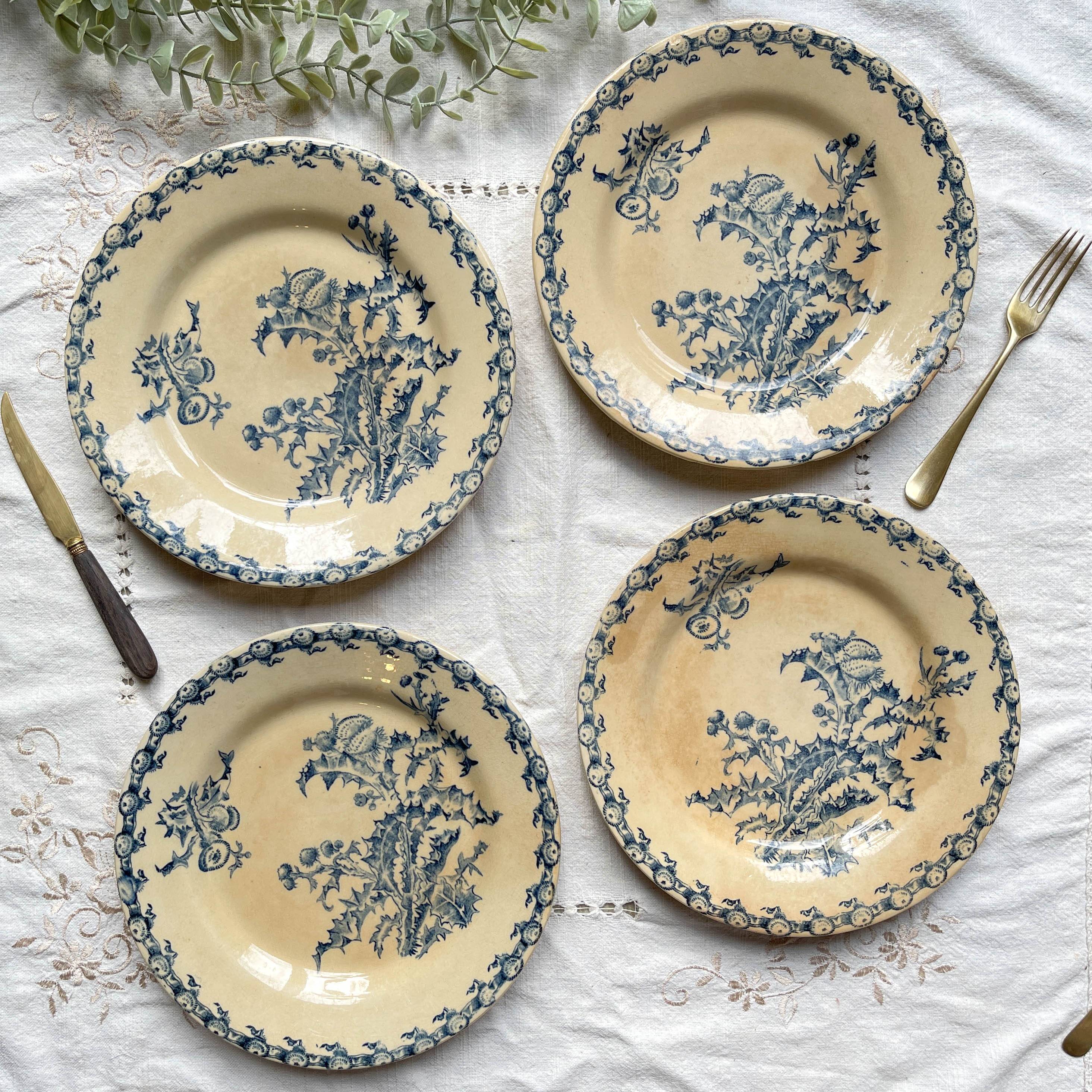 4 Gien Thistle ironstone plates + 4 small mismatched Tulowice stoneware plates