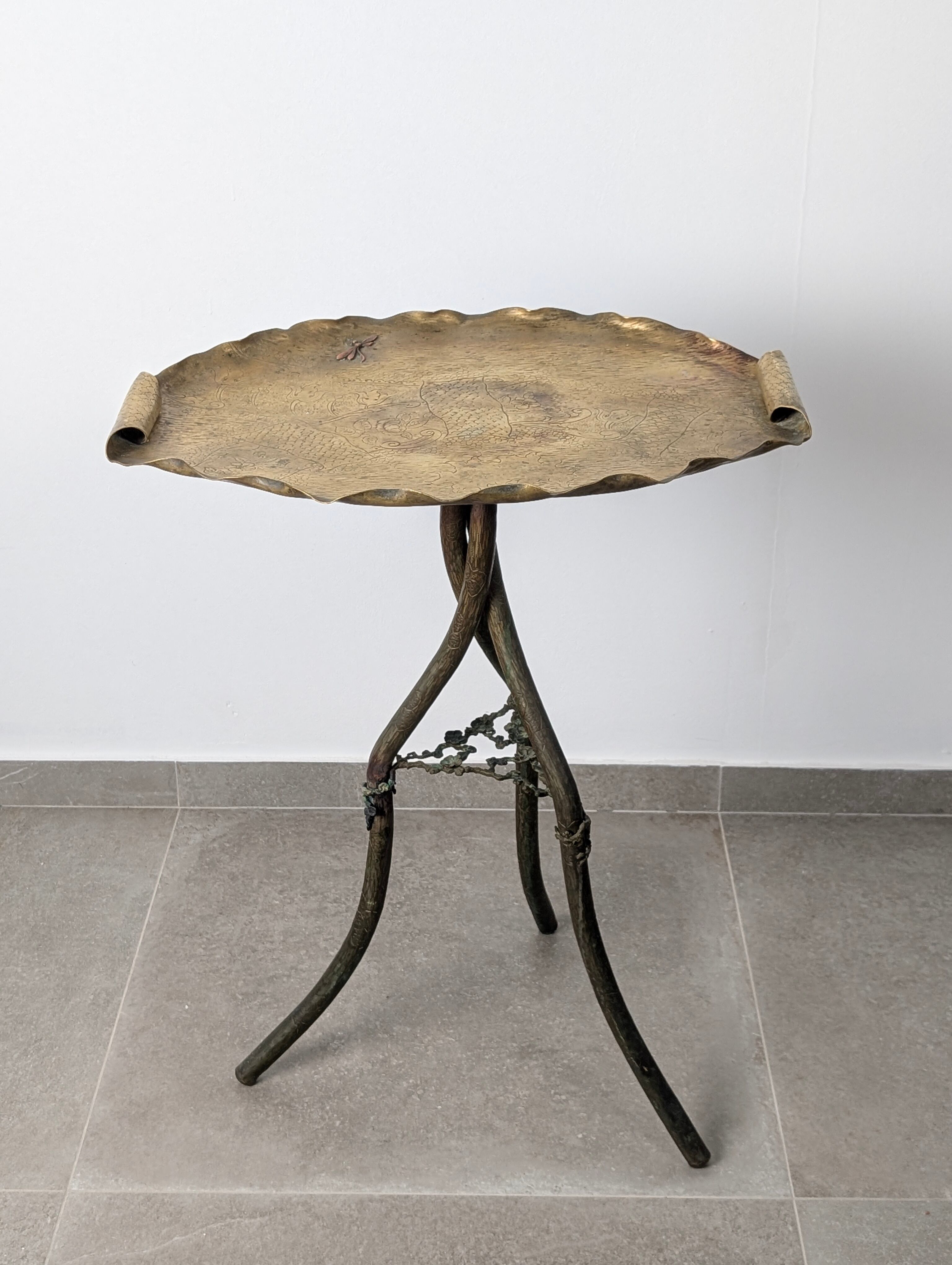 Japanese Art Nouveau bronze and brass table with dragonfly, 1920s