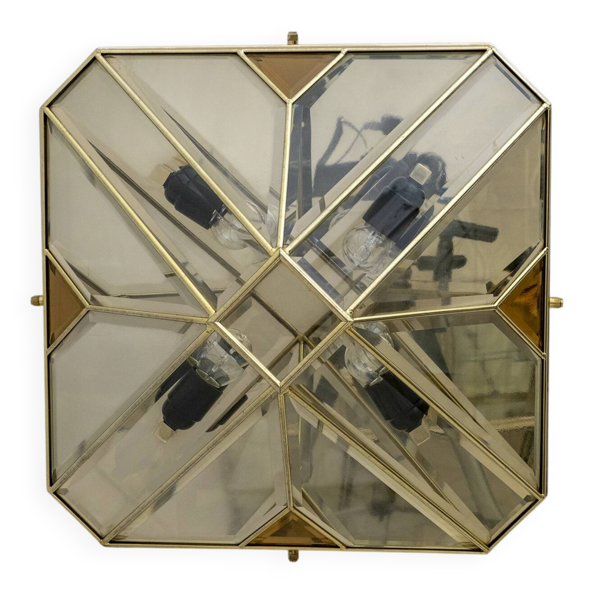 Mid-Century Modern Italian Brass and Frosted Glass Ceiling Lights, '70