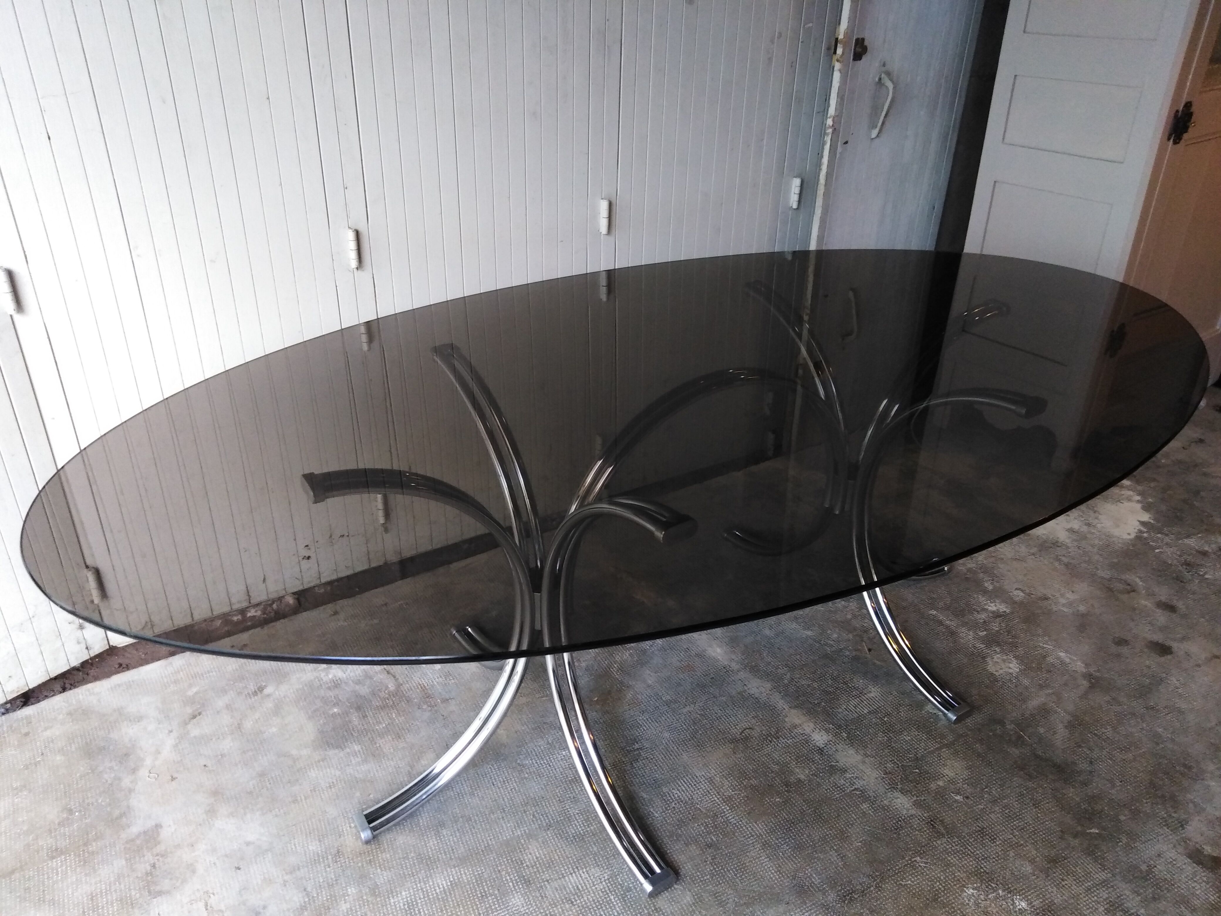 Large table Roche Bobois 1970 glass and chrome 8 pers