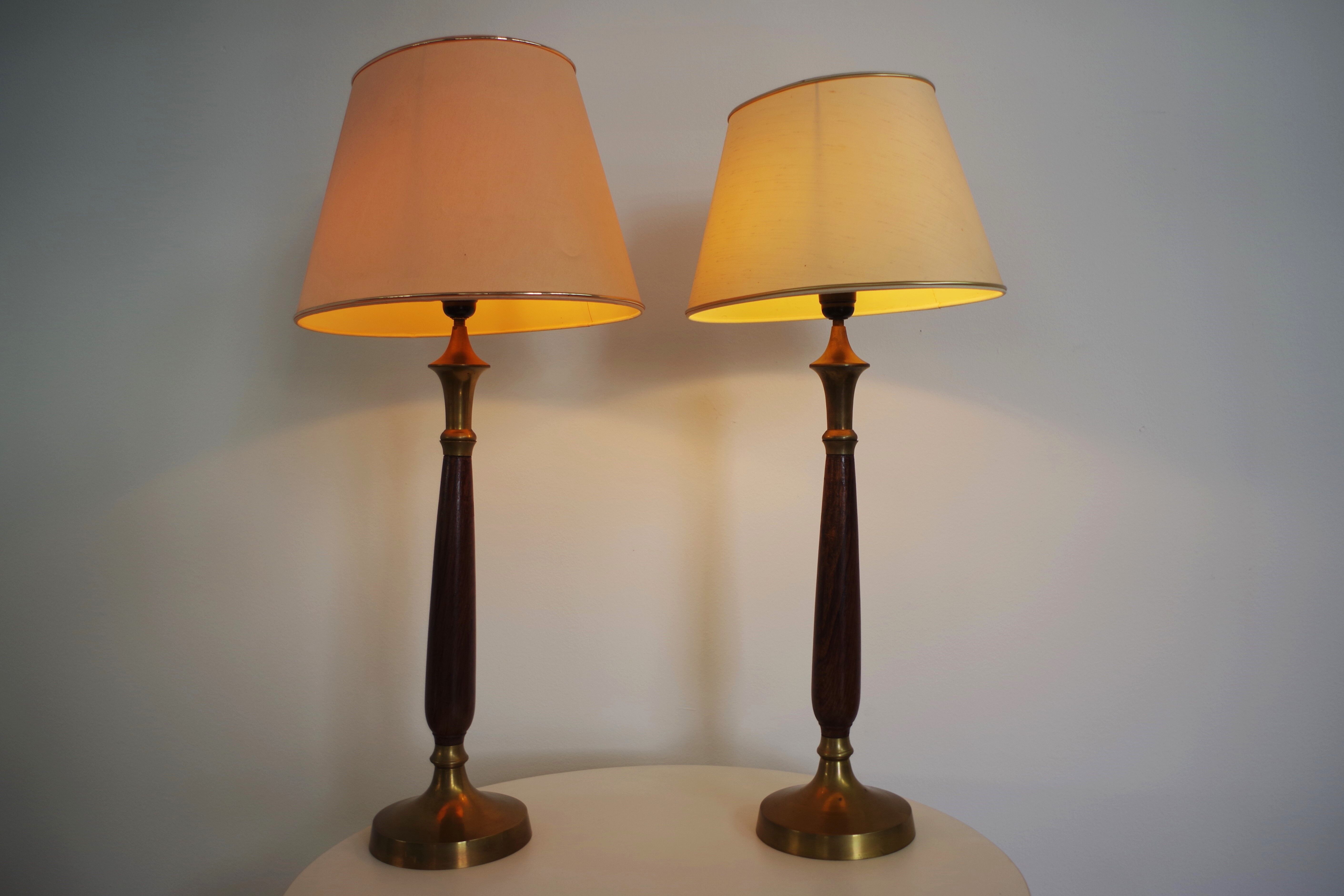 Mahogany Hat Lamps, Brass and Cotton of Abat Day, 1950s, Set of 2