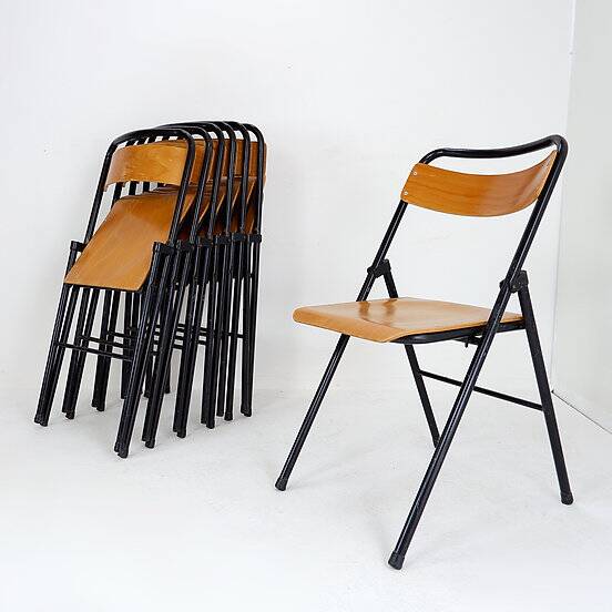 Vintage Set of 7 folding chairs in metal and wood - 1960s