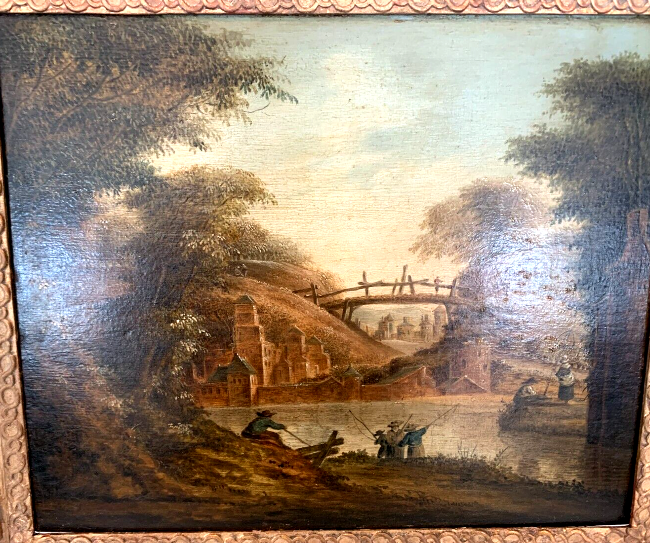 Oil on oak panel animated landscape xix century