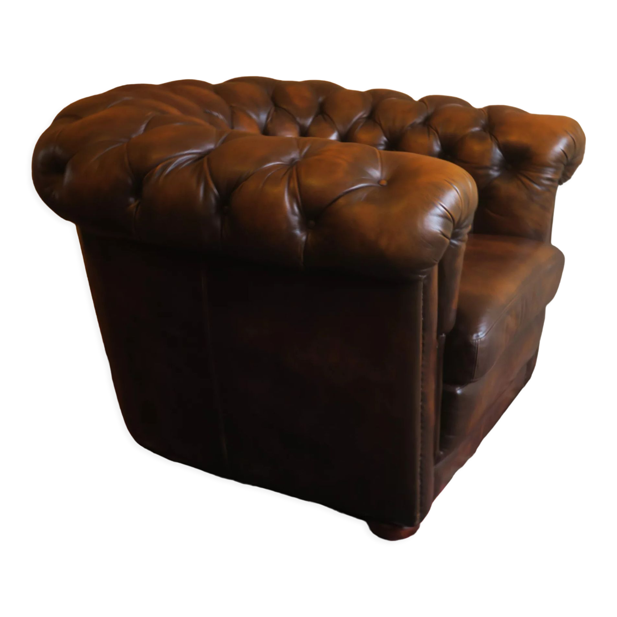 Chesterfield club armchair in patinated chestnut coloured leather