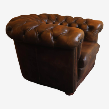 Chesterfield club armchair in patinated chestnut coloured leather