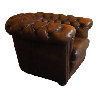 Chesterfield club armchair in patinated chestnut coloured leather