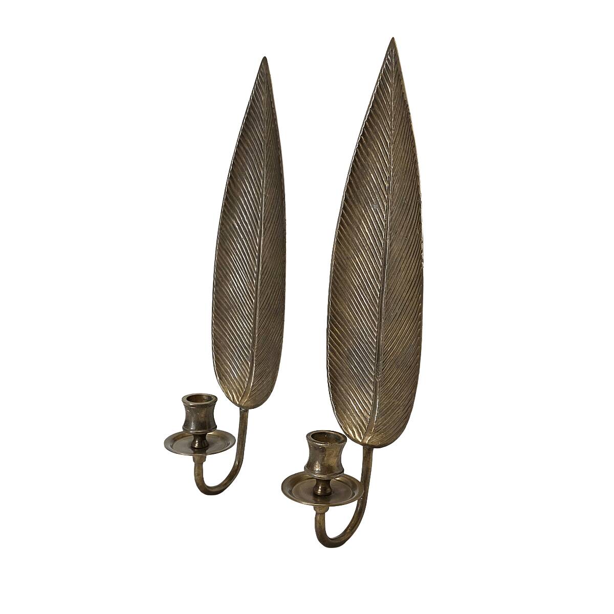 Set of 2 vintage brass wall candle holders leaf shape