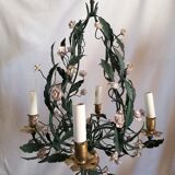 Lustre cage tôle et fleurs émaillées 19ème siècle