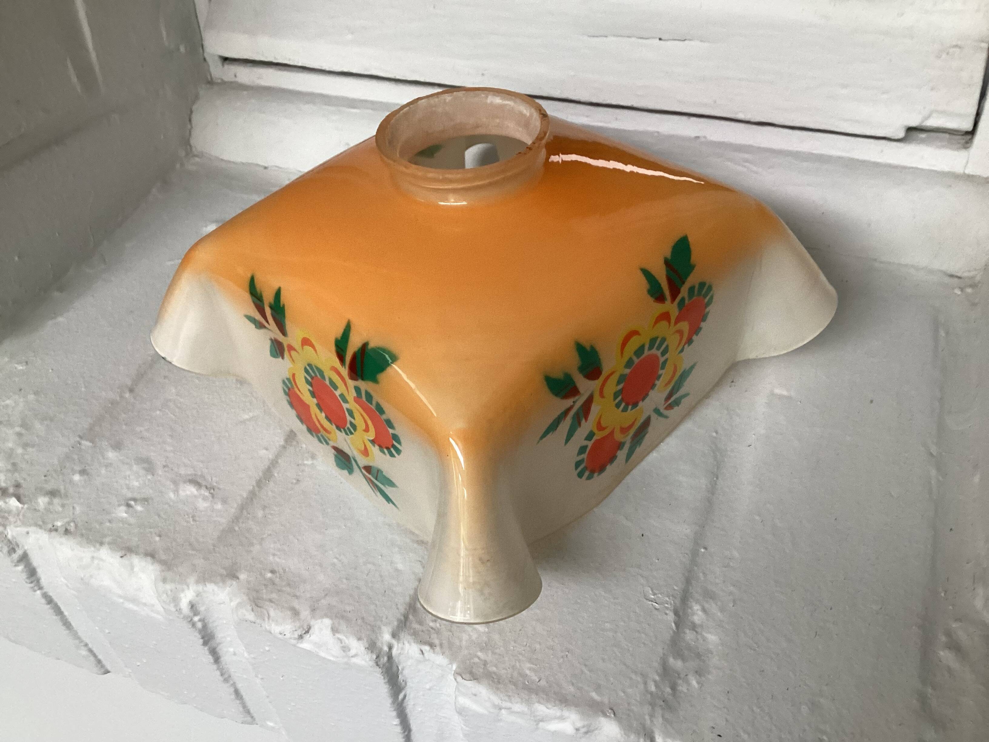 Vintage patterned painted glass pendant lampshade, Czechoslovakia