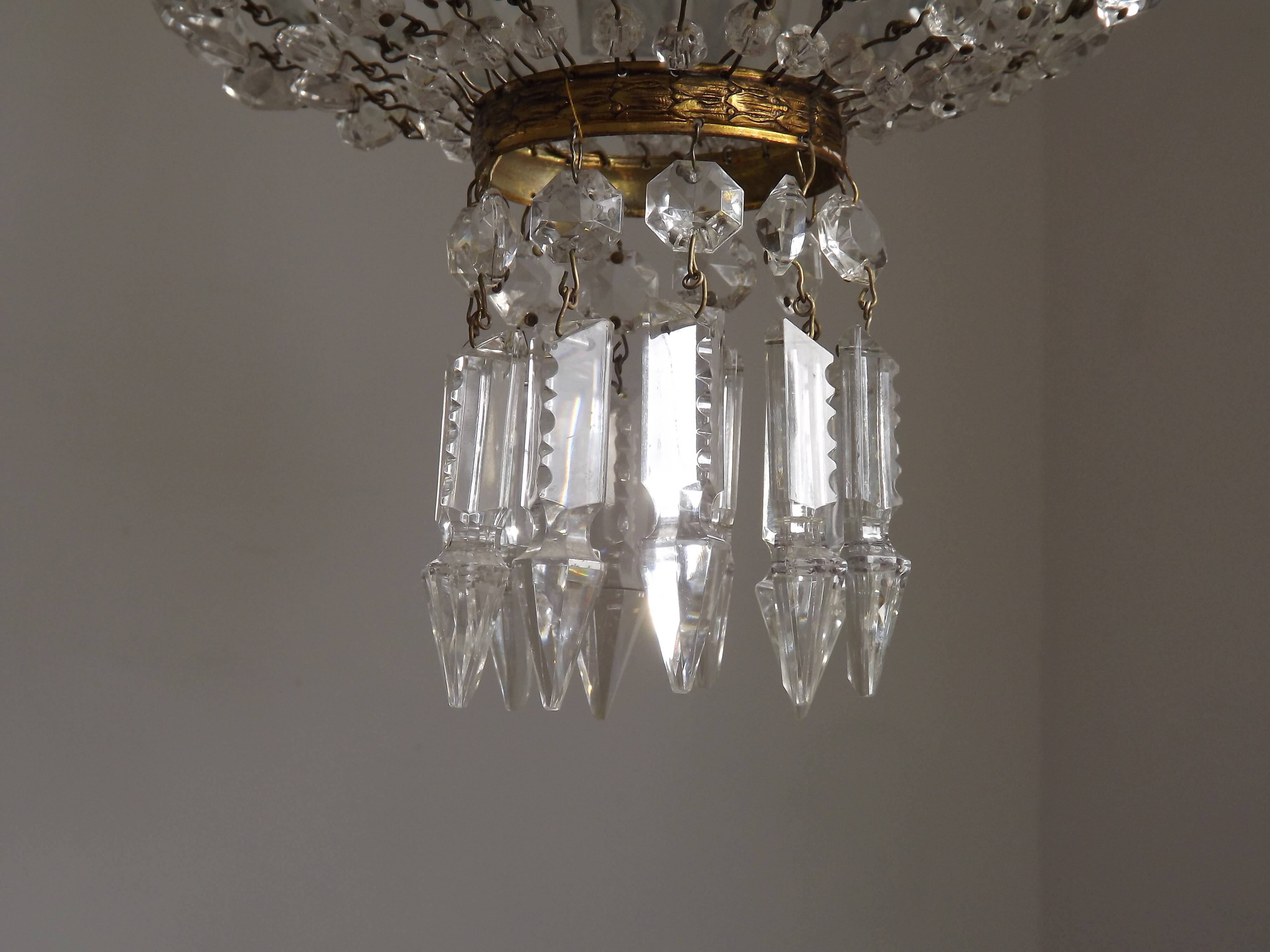 French Empire Style 3 Light Bronze Montgolfier Crystal Basket Chandelier