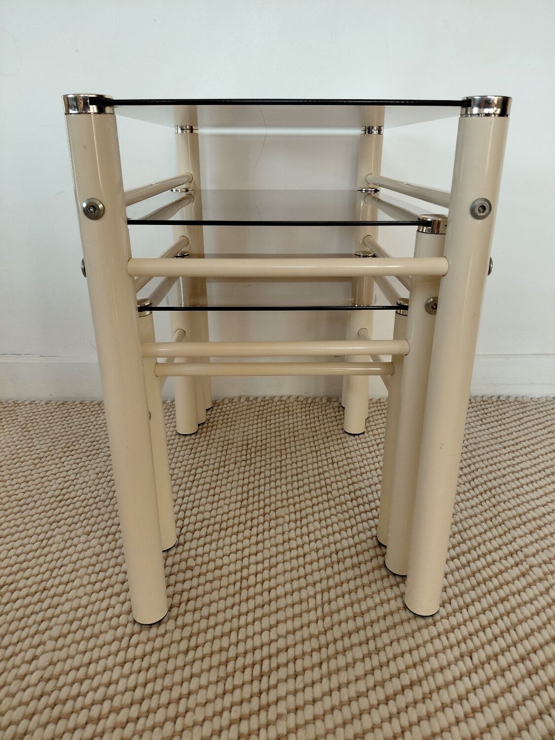 Vintage nesting tables Boutboul - cream metal and smoked glass - 70s design.