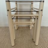 Vintage nesting tables Boutboul - cream metal and smoked glass - 70s design.