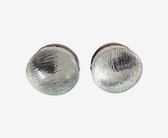 Paire de plafonniers ronds en verre glace vintage années 60-70