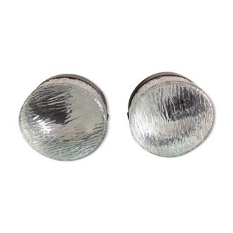 Pair of round ceiling lights in glass ice vintage 60-70s
