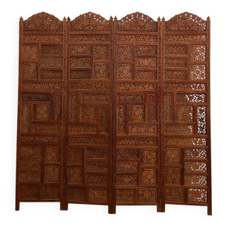 Vintage Asian carved teak screen — mid-20th century