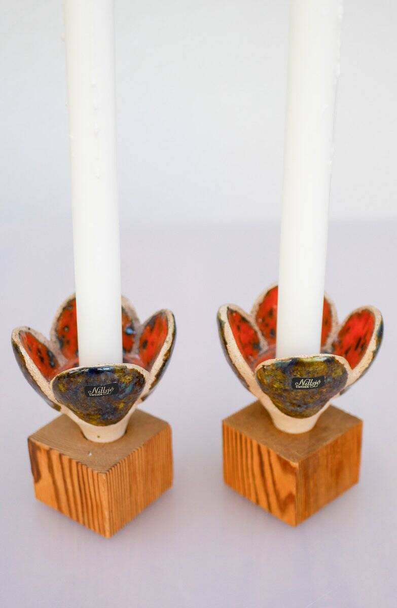 Bougeoirs en céramique et en bois de Nittsjö, Suède, années 1970, ensemble de 2