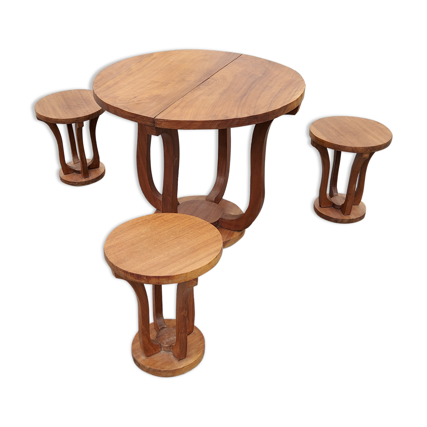Coffee table and its three art deco stools in blond mahogany 1930