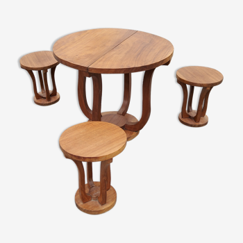 Coffee table and its three art deco stools in blond mahogany 1930