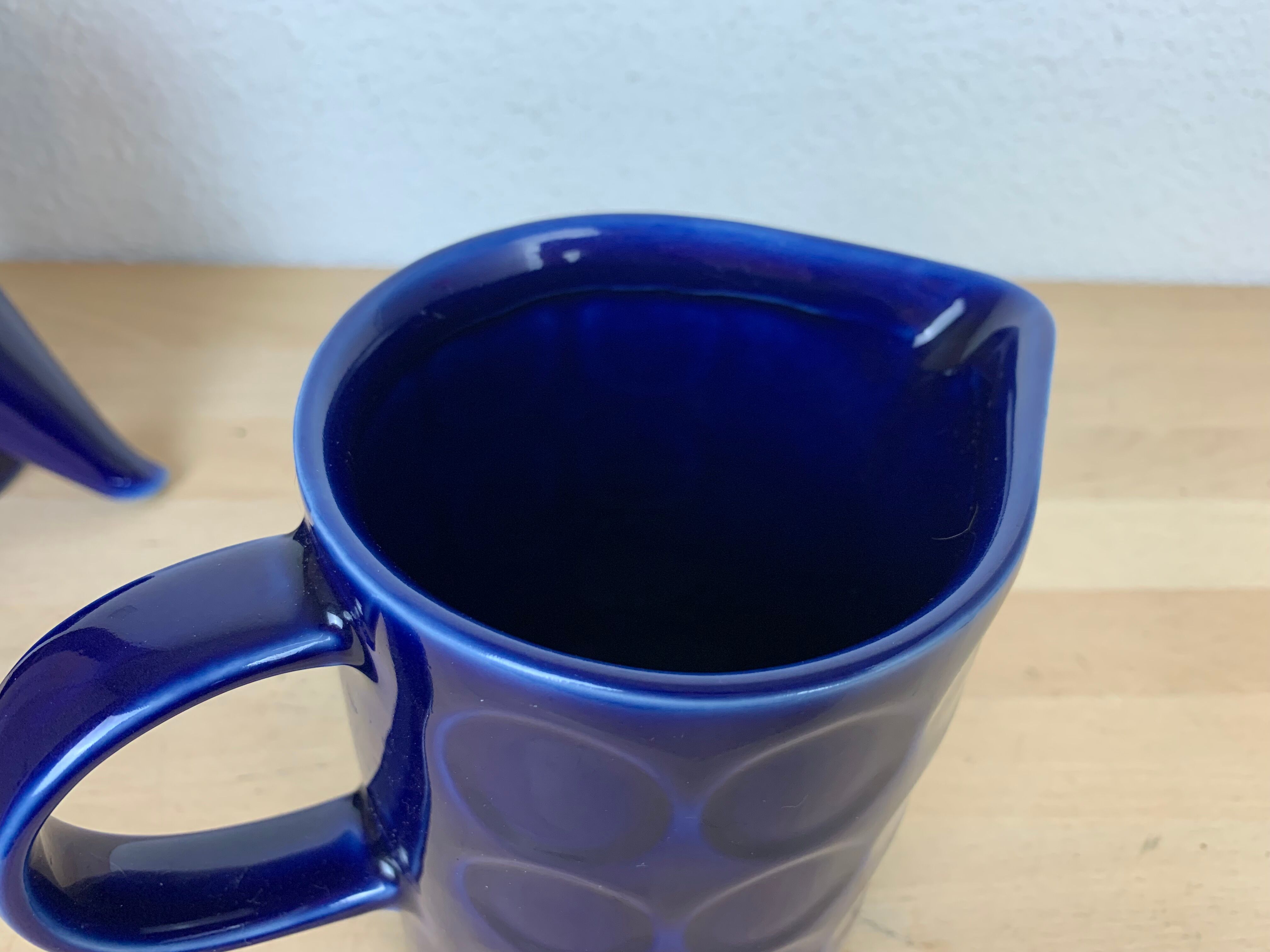 Vintage teapot and pitcher, blue ceramic