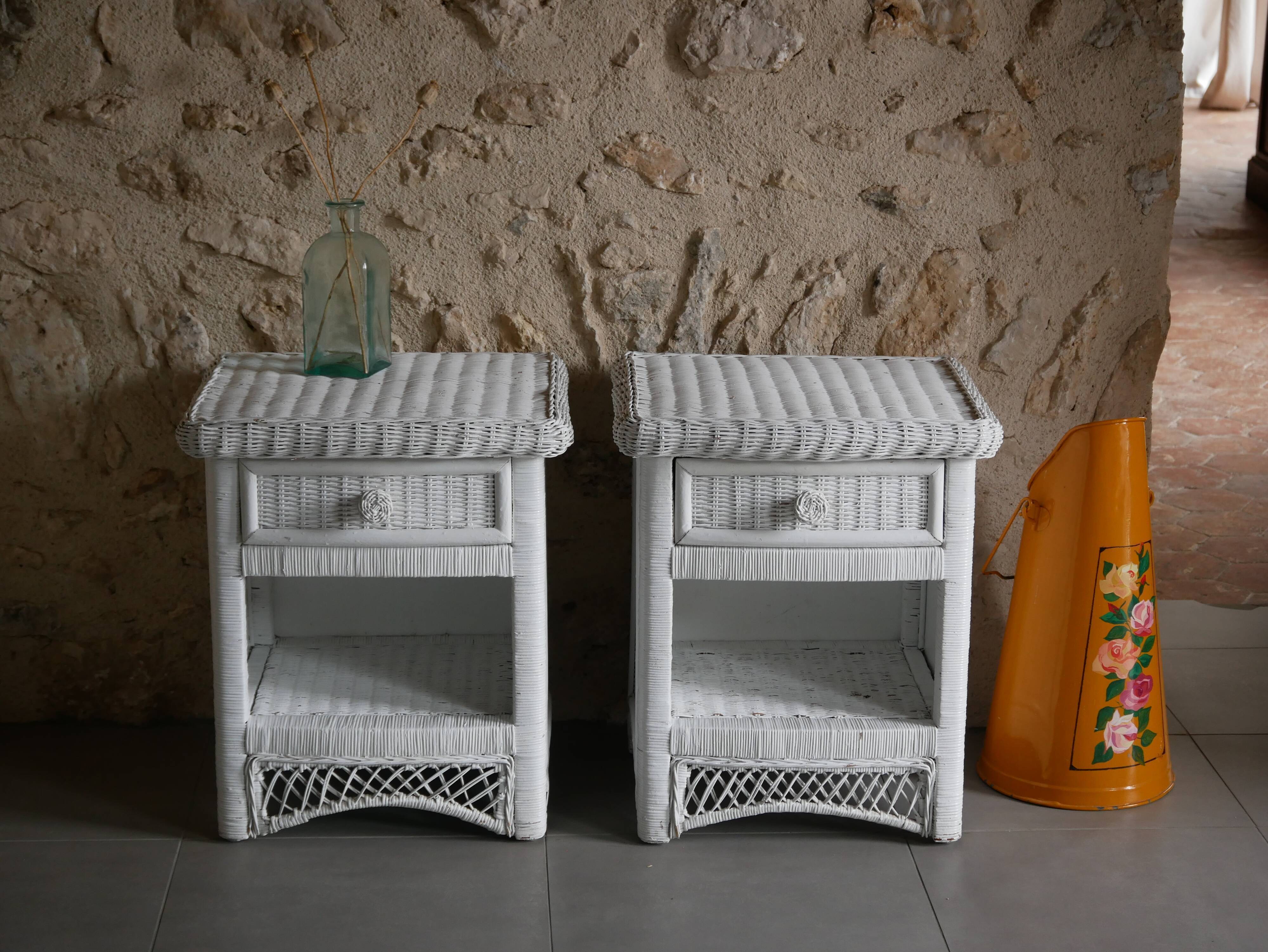 Pair of white wicker bedsides