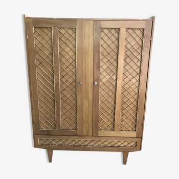 Rattan & 1960 vintage blond oak wardrobe