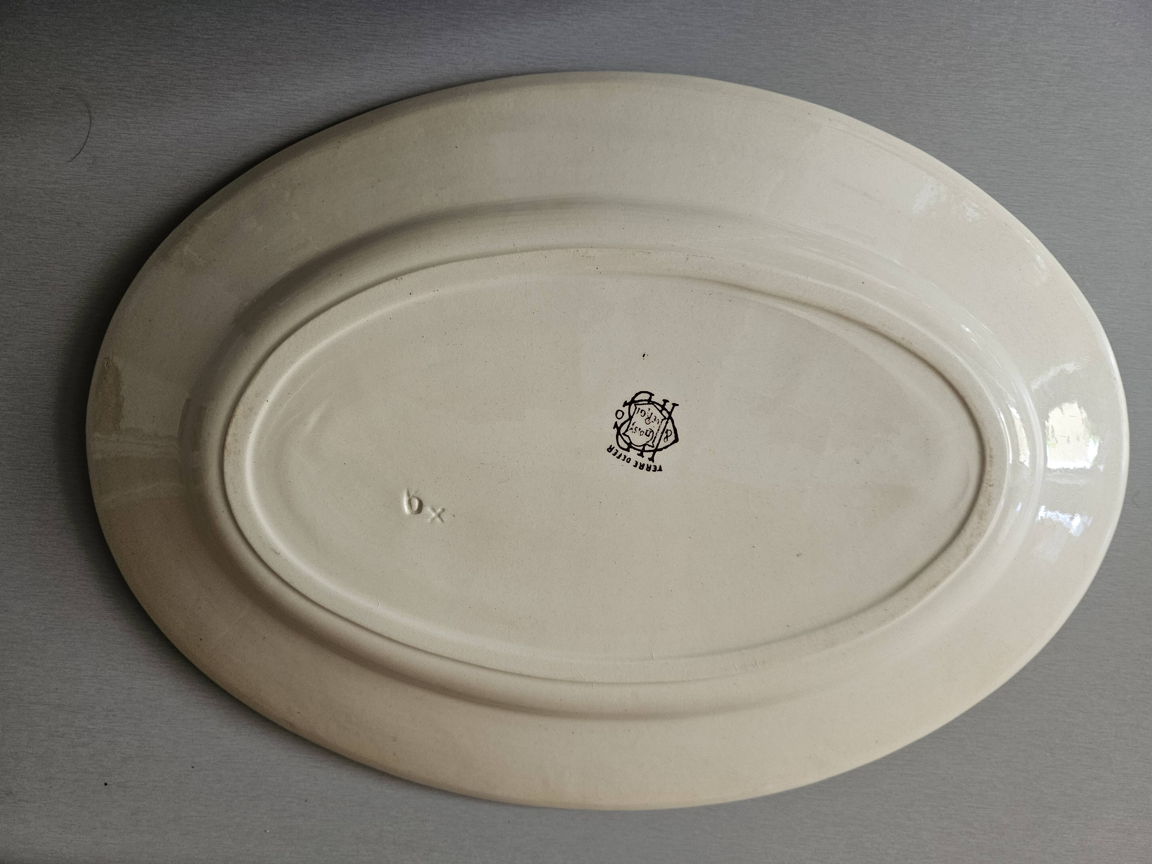 Large antique oval dish Terre de Fer – decoration of apples and insects