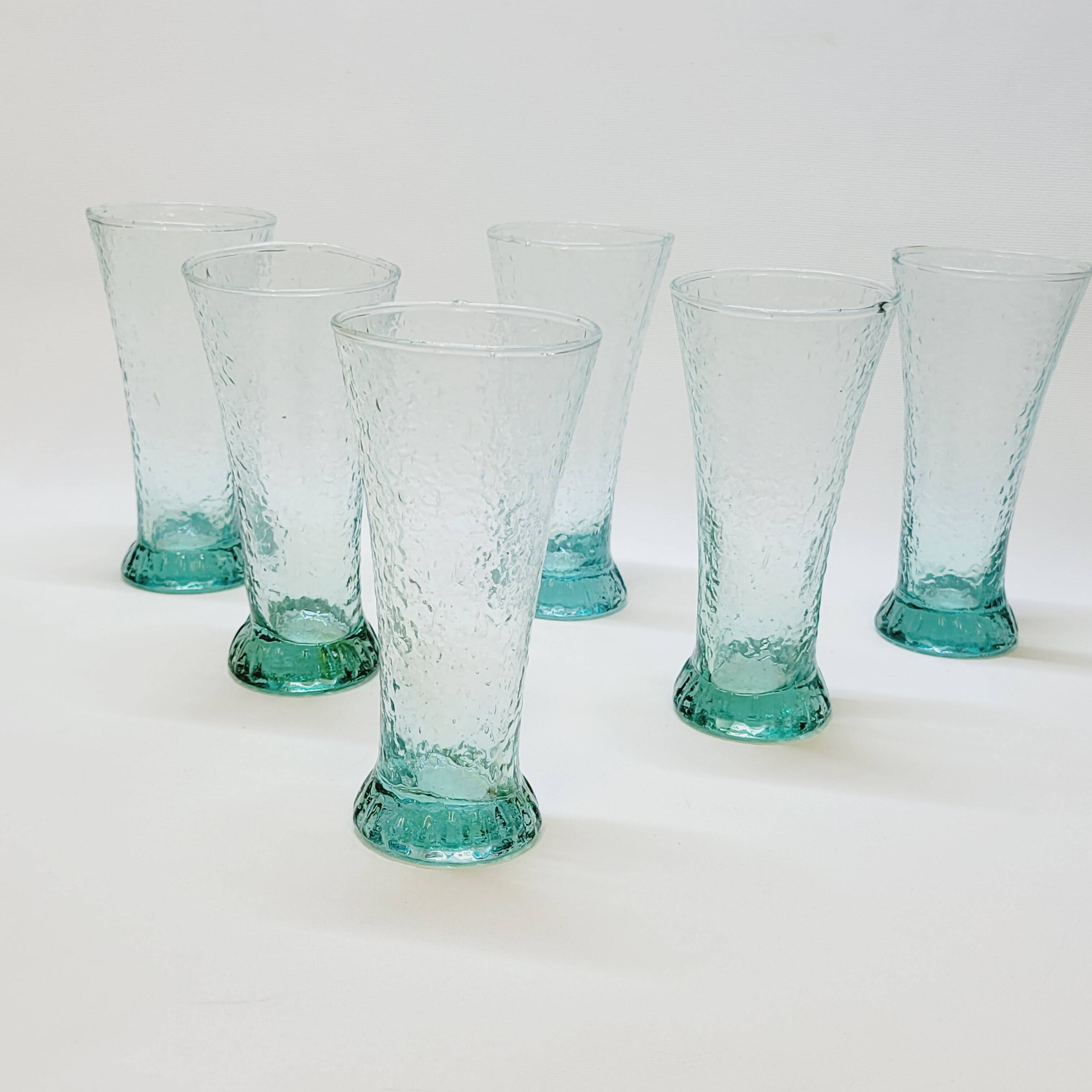 6 flared glasses in textured bubble blown blue glass pastis / orangeade / water