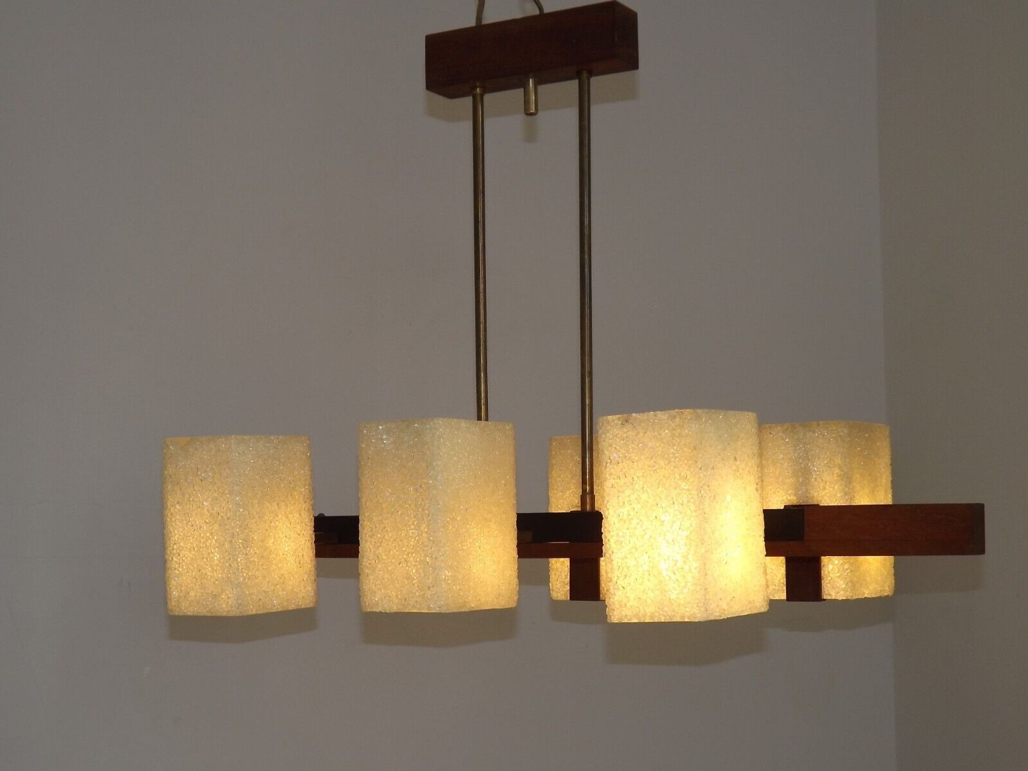 Super Retro 1960s Scandinavian Style 6 Light Teak Bass & Perspex Chandelier
