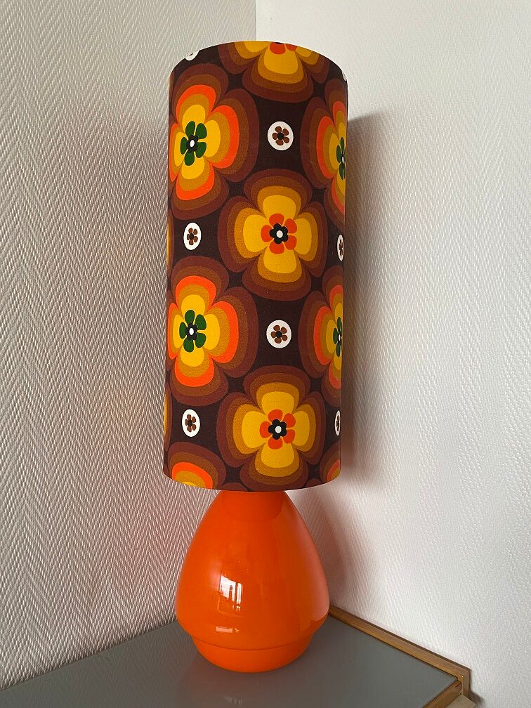 Treflower table lamp, orange opaline and vintage fabric